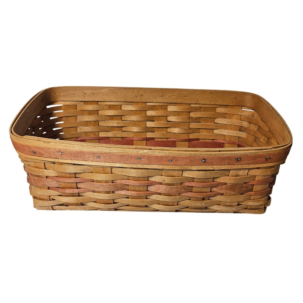Longaberger 1996 Handwoven Rectangular Basket Natural Red Accent Signed USA Made
